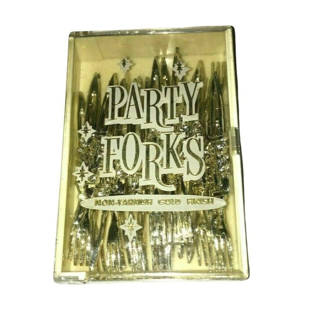 Vtg Mid Century 60s Gold Plastic Party Tiki Cocktail Hors d'oeuvre Picks Forks